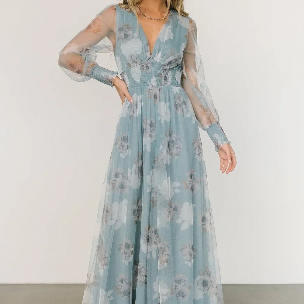 Baltic Born Layla Tulle Maxi Dress | Light Blue Floral Size MM - Picture 3 of 5